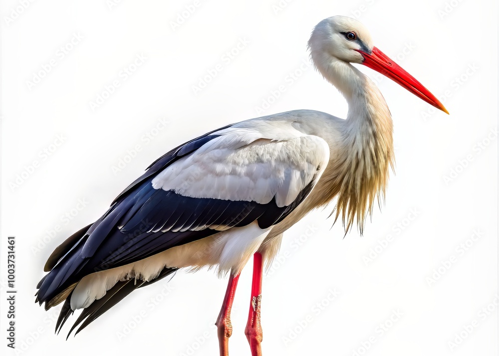 A majestic stork with white and black feathers, distinctive long neck and legs, standing proudly on a transparent background, conveying freedom and elegance. A majestic stork with white and black feathers, distinctive long neck and legs, standing proudly on a transparent background, conveying freedom and elegance.