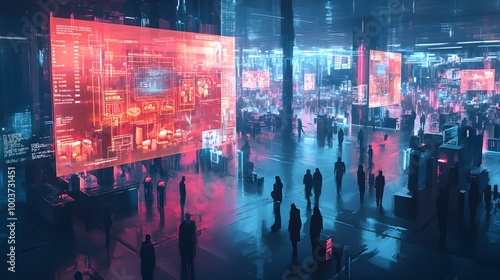 Wallpaper Mural A factory floor with robots packaging food, a translucent hologram tracking real-time freshness and expiration data, cybernetic, vibrant neon, watercolor, futuristic quality control system Torontodigital.ca