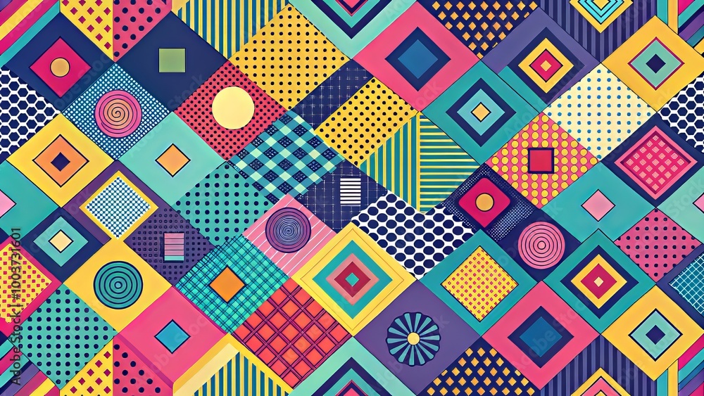 Vibrant abstract Memphis square background featuring geometric shapes in bold colors, perfect for trendy social media posts, stories, and advertisements. Vibrant abstract Memphis square background featuring geometric shapes in bold colors, perfect for trendy social media posts, stories, and advertisements.