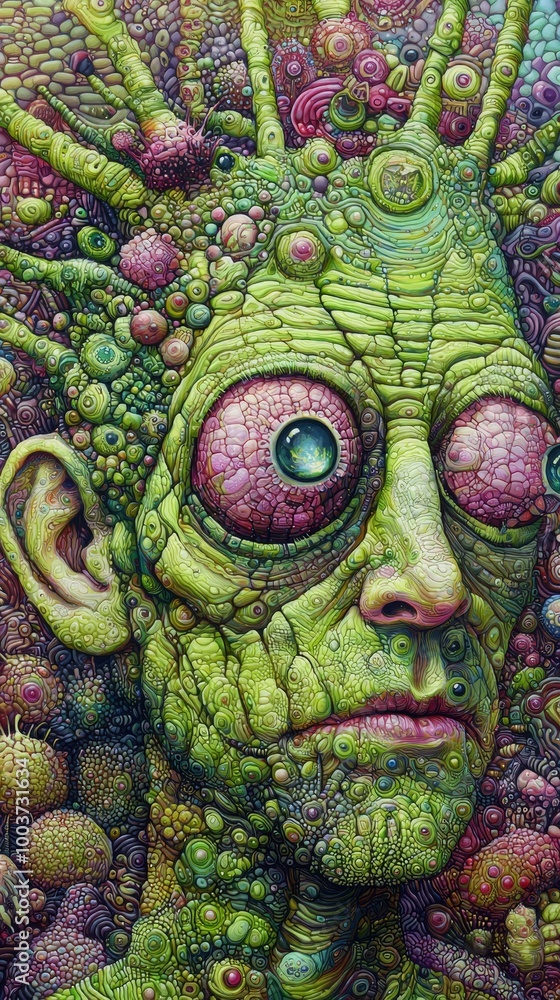 Fototapeta premium A man's face surrounded by various plants; his eyes gaze widely