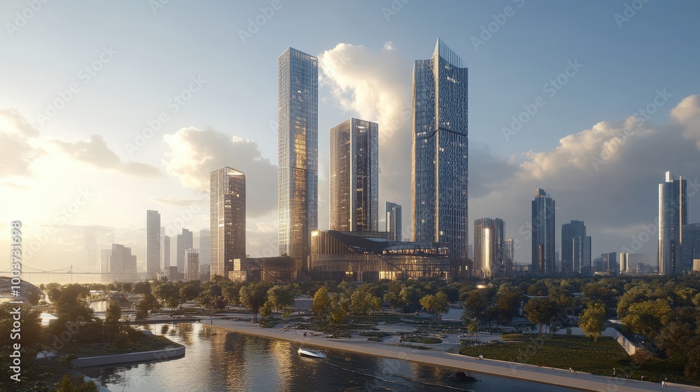 Obraz premium An architectural visualization of a cityscape where multiple buildings feature parametric design elements