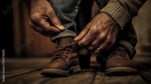 person tying their brown leather boots, showcasing attention to detail and care in their actions. warm tones and rustic setting evoke sense of comfort and familiarity