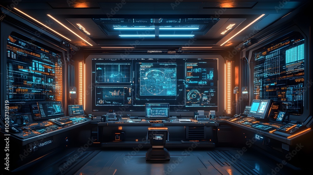 Futuristic food production monitoring room, holograms with data floating around, operators controlling quality systems, sleek sci-fi equipment Futuristic food production monitoring room, holograms with data floating around, operators controlling quality systems, sleek sci-fi equipment