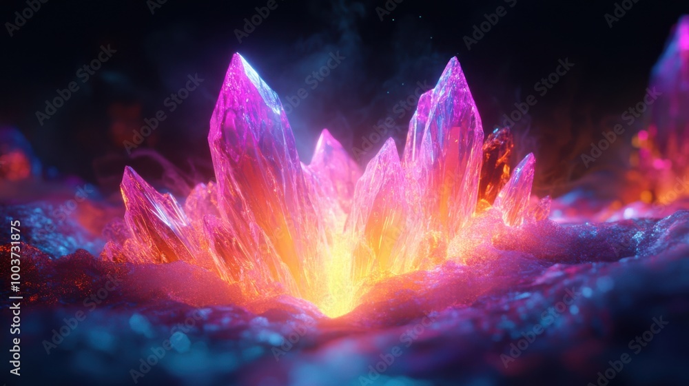 3D glow effect of a glowing, crystal-like structure with vibrant, shifting colors and intricate details,