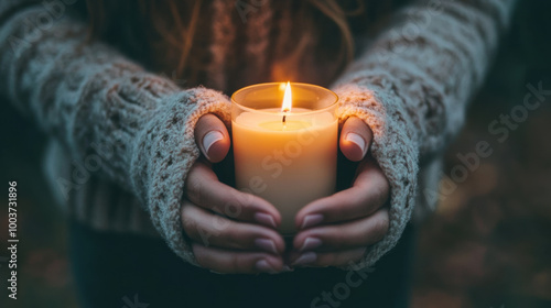 person holding lit candle symbolizes solemn moment, evoking feelings of warmth and reflection. soft glow of candlelight contrasts beautifully with cozy sweater