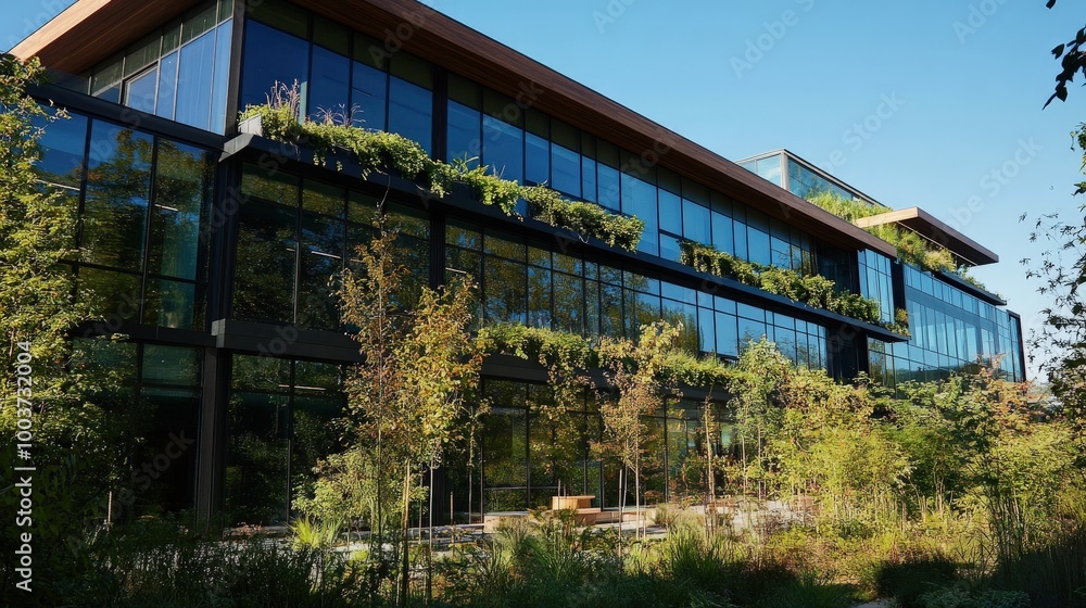 An exterior view of a biophilic building with large windows, natural materials An exterior view of a biophilic building with large windows, natural materials