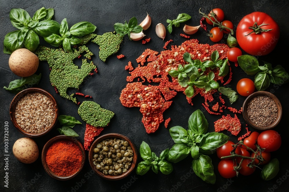 Top view of world map made of food ingredients and vegetables. Diverse range of global cuisines. Top view of world map made of food ingredients and vegetables. Diverse range of global cuisines.