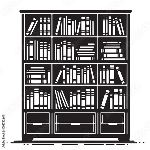 Booksheif vector- black  & white silhouette of bookshelf - book rake - wardrobe of books 