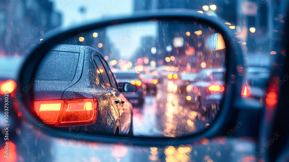 Traffic jam reflection in a car mirror during a rainy evening in the city with headlights illuminating the wet street and surrounding vehicles Traffic jam reflection in a car mirror during a rainy evening in the city with headlights illuminating the wet street and surrounding vehicles