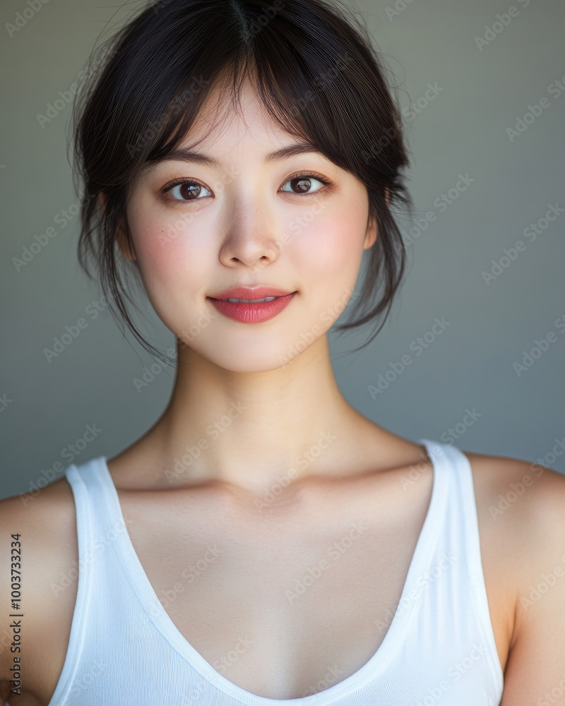 Fototapeta premium A beautiful young woman with short hair, wearing a white halter top and light makeup, poses for the camera in front of a clean background