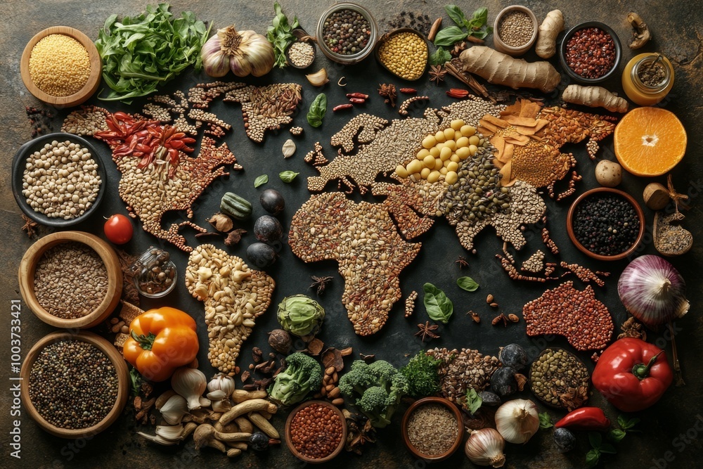 Top view of world map made of food ingredients and vegetables. Diverse range of global cuisines. Top view of world map made of food ingredients and vegetables. Diverse range of global cuisines.
