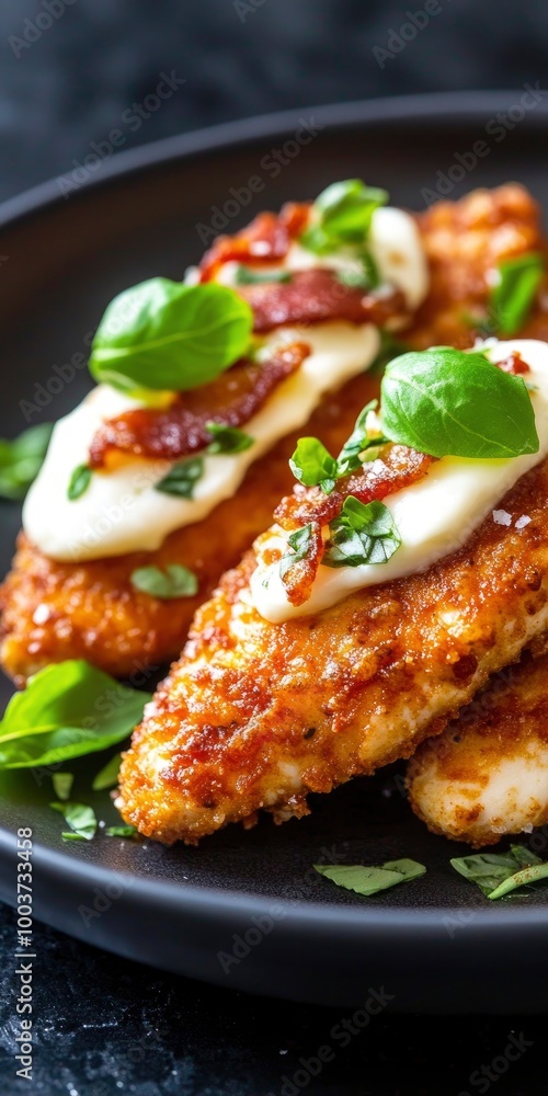 A close-up of Cajun chicken pasta with fire-grilled chicken, paprika, and red peppers in the background, on a black plate. Food photography, front view. A close-up of Cajun chicken pasta with fire-grilled chicken, paprika, and red peppers in the background, on a black plate. Food photography, front view.