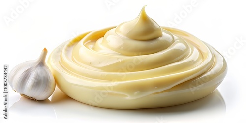 Creamy garlic aioli dollop rests elegantly on a pristine white background, showcasing its smooth texture and vibrant yellow color, perfect for culinary or food-related designs. photo