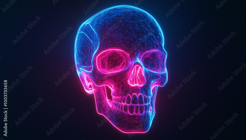 A vibrant, neon-style skull rendered in blue and pink, showcasing a modern, digital aesthetic.