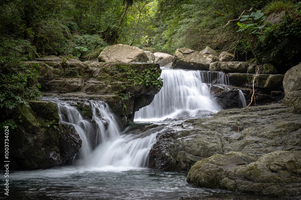 River goes like stair from the beautiful shape rocks, hidden in the forest, in Manyueyuan Forest Recreation Area, New Taipei City, Taiwan. River goes like stair from the beautiful shape rocks, hidden in the forest, in Manyueyuan Forest Recreation Area, New Taipei City, Taiwan.