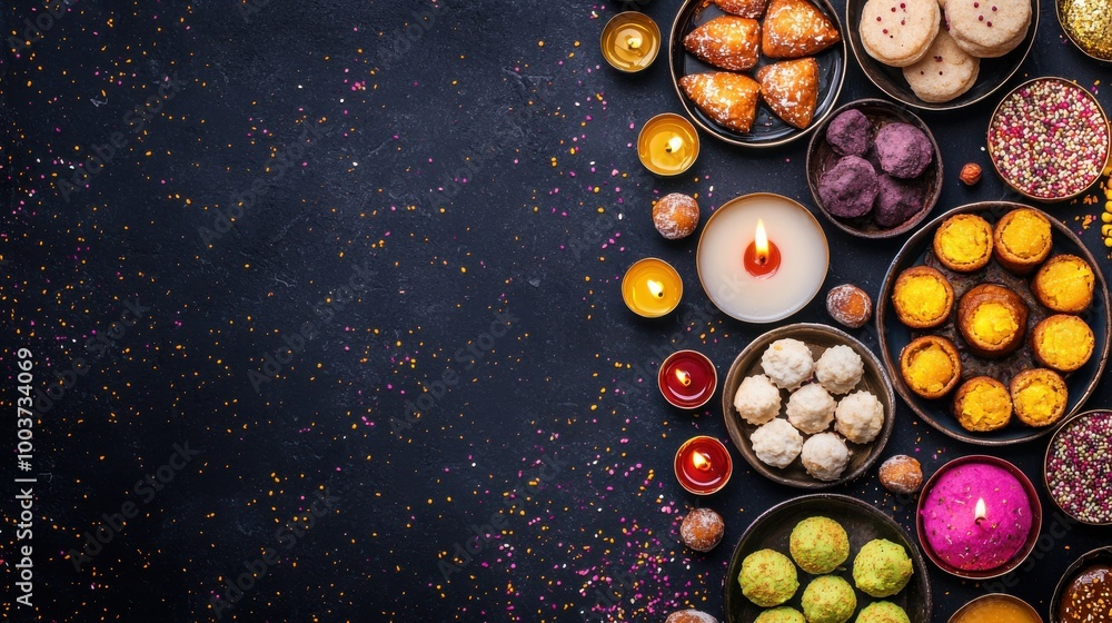 Colorful Indian sweets and snacks arranged on a dark background. Colorful Indian sweets and snacks arranged on a dark background.