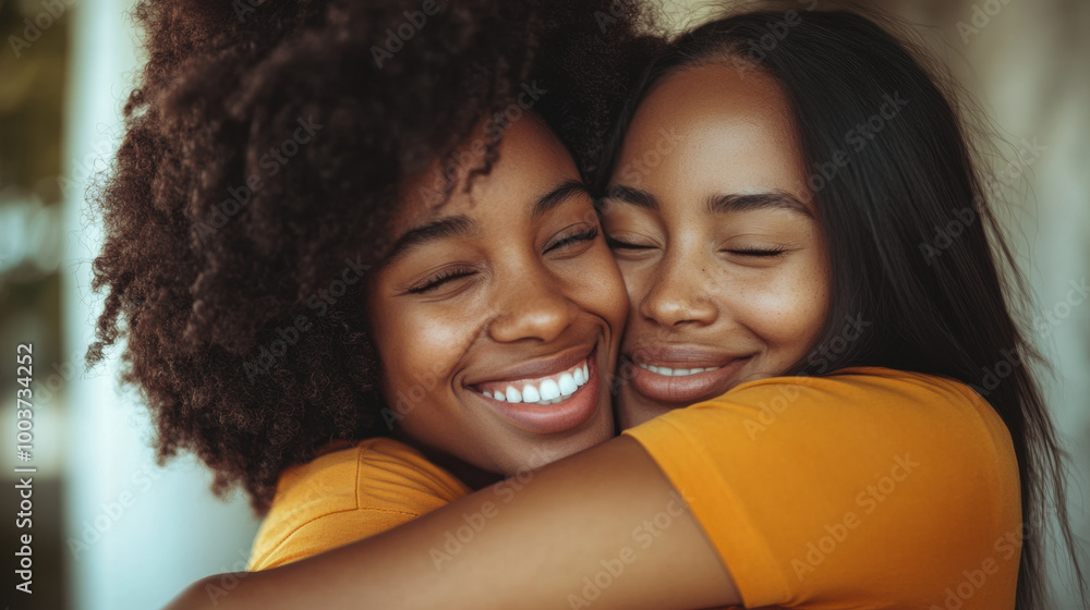 Two friends hugging each other, symbolizing strong bond and joy. Their smiles reflect happiness and warmth, showcasing beauty of friendship and connection Two friends hugging each other, symbolizing strong bond and joy. Their smiles reflect happiness and warmth, showcasing beauty of friendship and connection