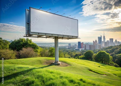 Wallpaper Mural Empty urban billboard standing on a green grass hill overlooking a cityscape with blurred background, ready for custom advertising or design placement. Torontodigital.ca