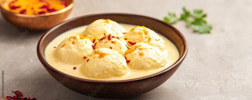 Delicious dessert balls in a creamy sauce garnished with herbs and spices. Delicious dessert balls in a creamy sauce garnished with herbs and spices.