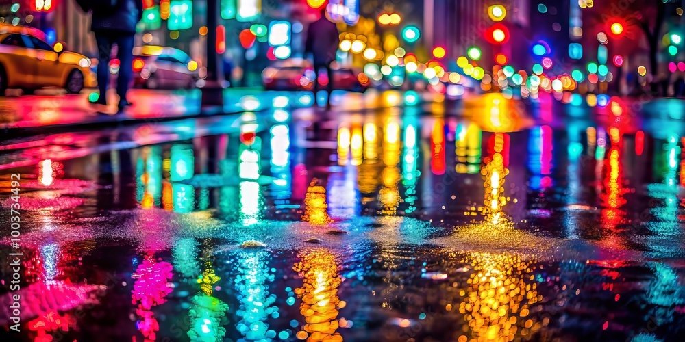Vibrant neon lights reflected on wet street pavement create a kaleidoscope of colors and swirling bokeh, capturing the mesmerizing beauty of a rain-soaked urban night. Vibrant neon lights reflected on wet street pavement create a kaleidoscope of colors and swirling bokeh, capturing the mesmerizing beauty of a rain-soaked urban night.