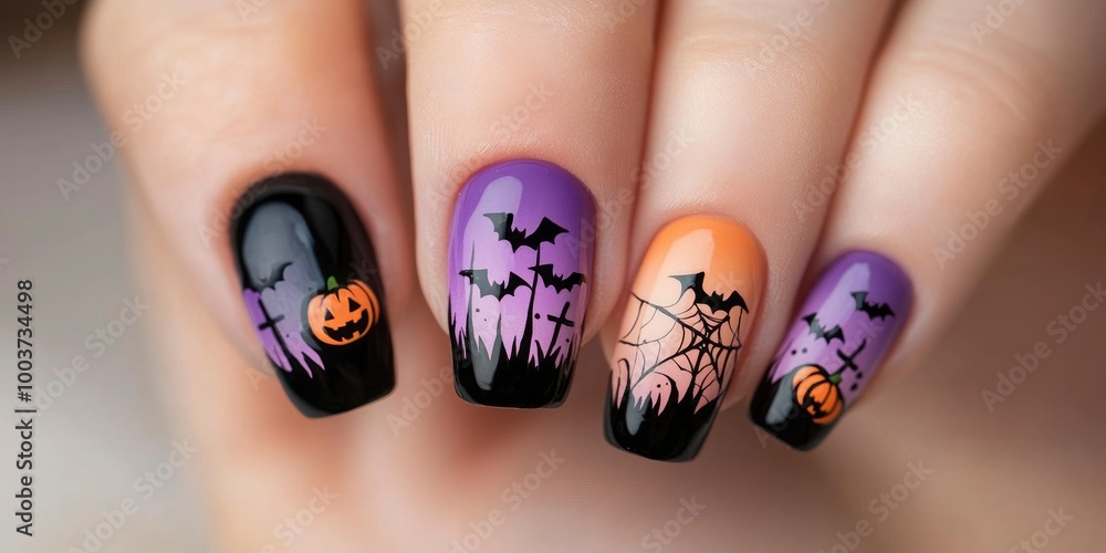 A hand with purple and black nails with a spider web design and a bat design. The nails are painted in a gradient of purple and black A hand with purple and black nails with a spider web design and a bat design. The nails are painted in a gradient of purple and black