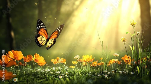  A butterfly flies above a flower-filled field, surrounded by daisies Sunlight filters through the tree branches in the backdrop