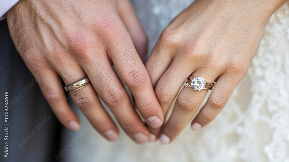 Two hands intertwined, showcasing engagement and wedding rings, symbolize love and commitment. elegant rings reflect beautiful union Two hands intertwined, showcasing engagement and wedding rings, symbolize love and commitment. elegant rings reflect beautiful union