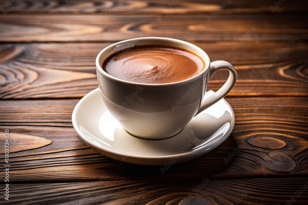 Fototapeta premium hot drink, cocoa, warm, chocolatey, winter, art, wooden, whipped cream, table, frothy, A close up shot of a beautifully crafted cup of hot chocolate on a saucer placed on a wooden table