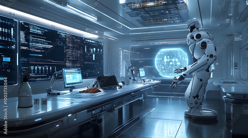 A sleek futuristic lab filled with robots and AI systems conducting food quality tests, robotic arms analyzing food samples with precision, glowing holographic data displays A sleek futuristic lab filled with robots and AI systems conducting food quality tests, robotic arms analyzing food samples with precision, glowing holographic data displays