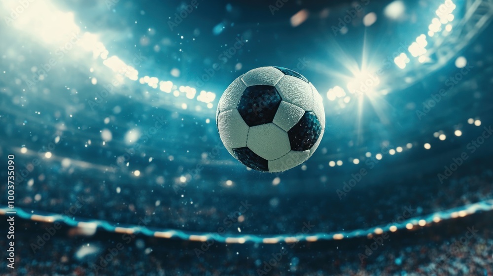 Naklejka premium A soccer ball floating in a stadium with bright lights and an excited crowd.