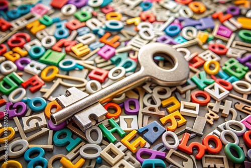 Assorted colorful letters, numbers, and special symbols scattered around a large metal key silhouette on a clean white background, conveying encryption and security themes. photo