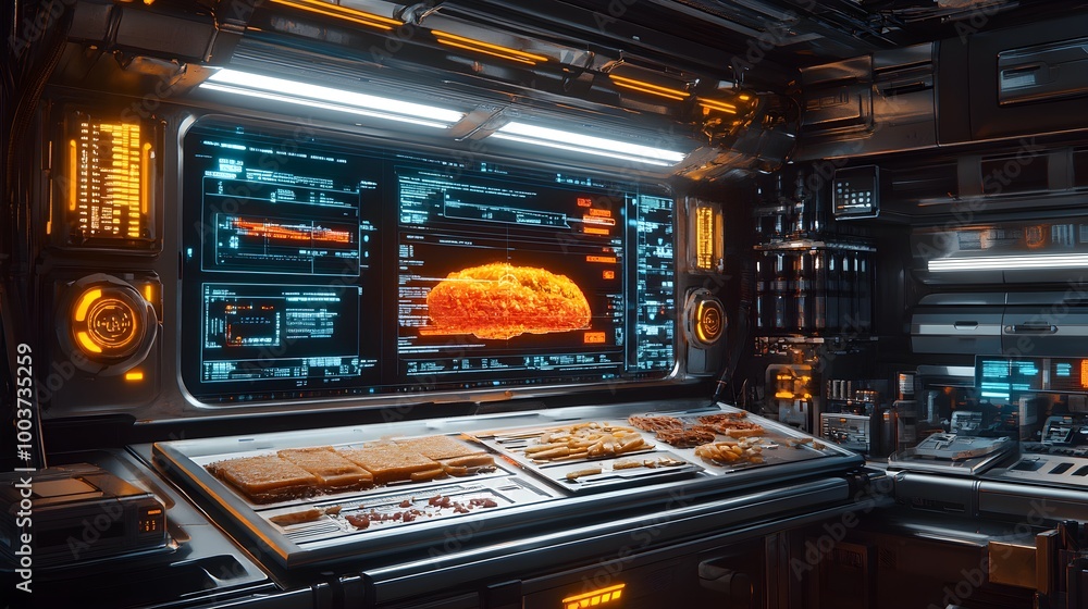 Obraz premium A futuristic quality control station with electromagnetic sensors scanning processed food, sleek metallic design, bright holographic data floating above