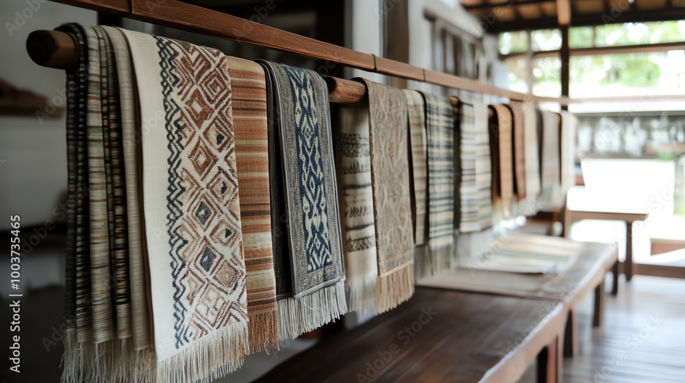 Geometric Mudmee patterns woven into silk, displaying Isan heritage and cultural craftsmanship Geometric Mudmee patterns woven into silk, displaying Isan heritage and cultural craftsmanship