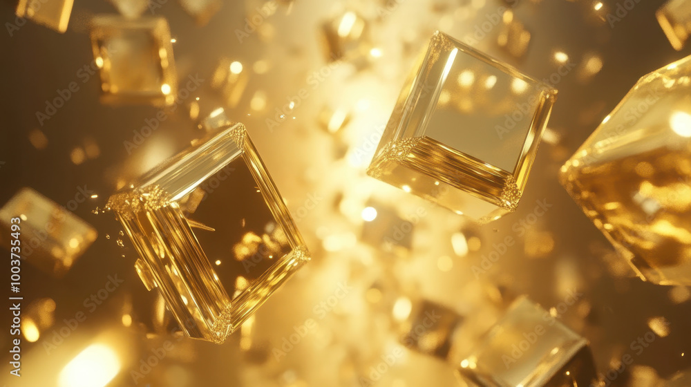 Dynamic gold shapes flying outward create mesmerizing visual effect, radiating light and energy in captivating display. glowing cubes enhance sense of motion and depth Dynamic gold shapes flying outward create mesmerizing visual effect, radiating light and energy in captivating display. glowing cubes enhance sense of motion and depth