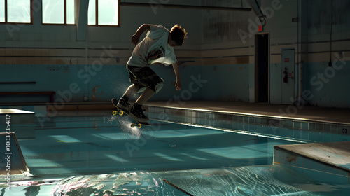 Skateboarder performing tricks and jumps on his board in an abandoned swimming pool. photo