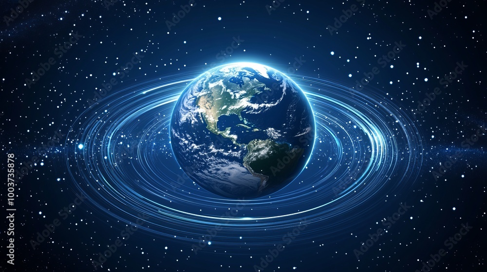 Fototapeta premium A dark blue vector background features a striking depiction of Planet Earth at the center, surrounded by abstract technological rings.