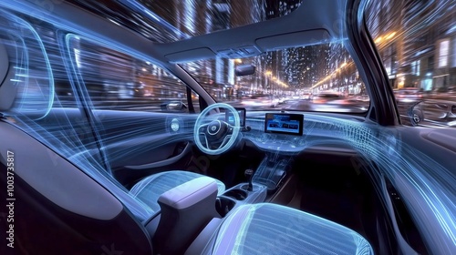 Interno di un'auto futuristica con tecnologia avanzata, rete digitale e design virtuale. Guida autonoma nella città notturna, dove innovazione e velocità si fondono.
 photo