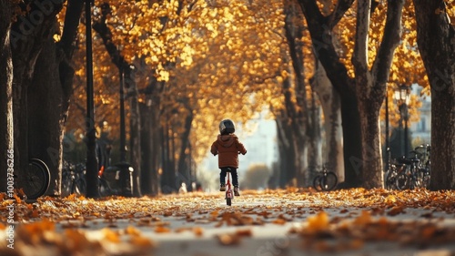 A child riding a bicycle through an autumnal tree-lined path