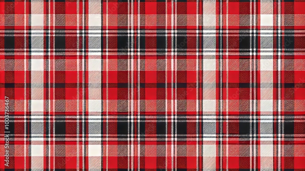 Fototapeta premium Vibrant seamless plaid pattern featuring bold red, black, and white stripes, ideal for textile designs, clothing, skirts, distinctive pants, and decorative fabric applications.
