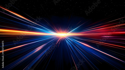 Abstract Background with Red, Blue, and Orange Light Streaks Converging Towards a Bright Center