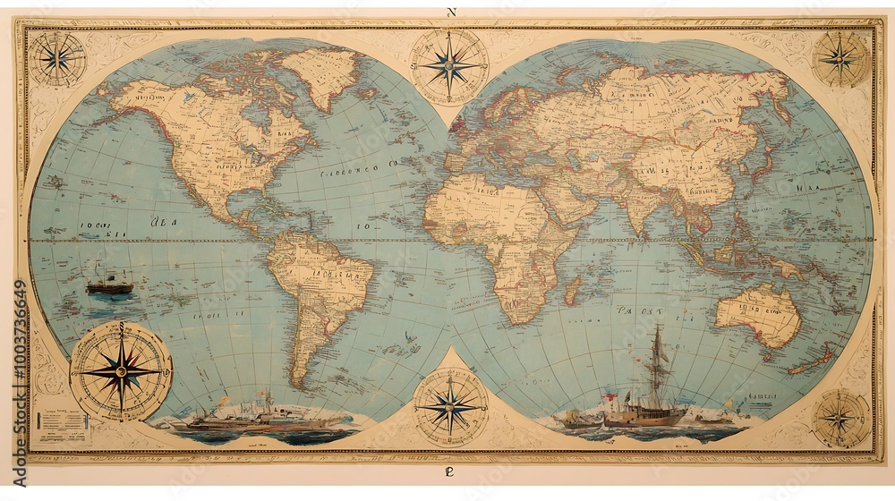 Naklejka premium Antique World Map with Compass Roses