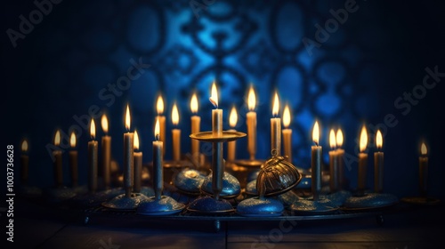 Candles Lit on a Blue and Gold Christmas Table