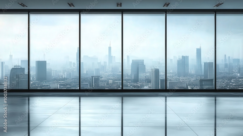 Fototapeta premium Empty Office with Large Glass Window Over Cityscape