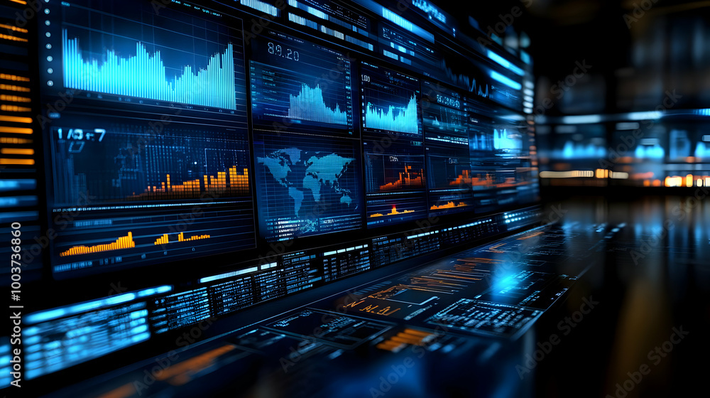 Digital Interface Displays Data and Statistics on Monitors in a Dark Room Digital Interface Displays Data and Statistics on Monitors in a Dark Room