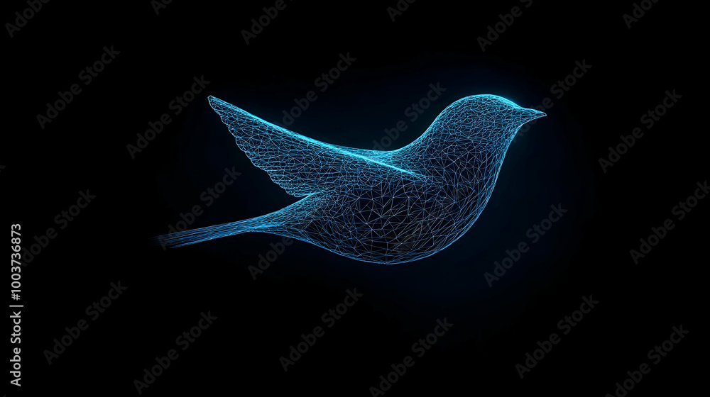 Naklejka premium Abstract Wireframe 3D Bird in Flight with Blue Glowing Lines against a Black Background