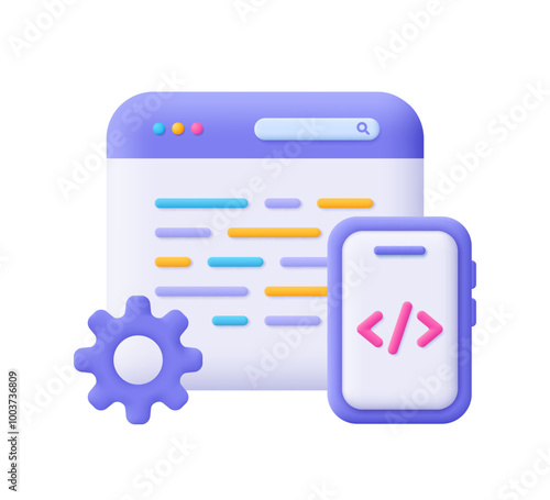 Web page and smartphone with code symbol and gear cogwheel. Web development, software engineering, setting and tools, programming and coding concept. 3d vector icon. Cartoon minimal style.