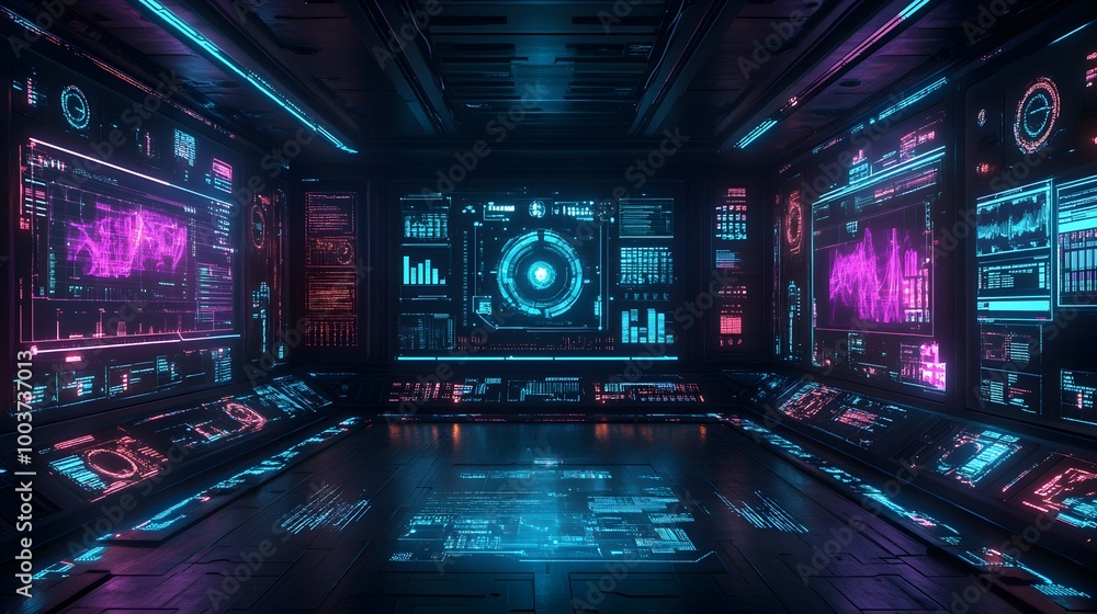 Control center with multiple digital screens, AI data streams on food production, minimalist dark background, glowing holograms, vibrant cyan and purple tones Control center with multiple digital screens, AI data streams on food production, minimalist dark background, glowing holograms, vibrant cyan and purple tones