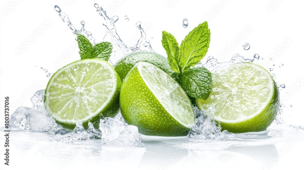 Fresh limes splashing in water with mint leaves, showcasing vibrant colors and freshness. Fresh limes splashing in water with mint leaves, showcasing vibrant colors and freshness.