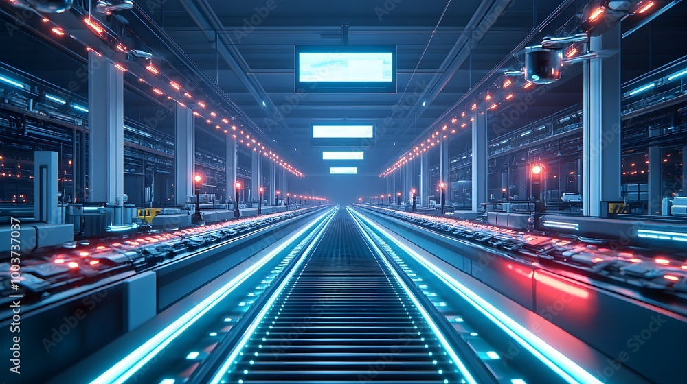 Futuristic conveyor belt with flying drones, scanning food items with holographic displays, high-tech sensors, 3D rendering, neon-lit industrial warehouse, blue and white lighting Futuristic conveyor belt with flying drones, scanning food items with holographic displays, high-tech sensors, 3D rendering, neon-lit industrial warehouse, blue and white lighting
