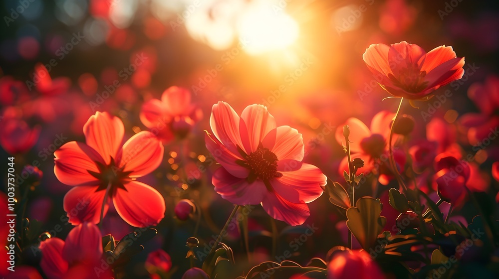 a field of vibrant red flowers basking in the warm glow of the setting or rising sun. The sunlight creates a beautiful, golden hue that illuminates the petals, giving them a radiant appearance a field of vibrant red flowers basking in the warm glow of the setting or rising sun. The sunlight creates a beautiful, golden hue that illuminates the petals, giving them a radiant appearance